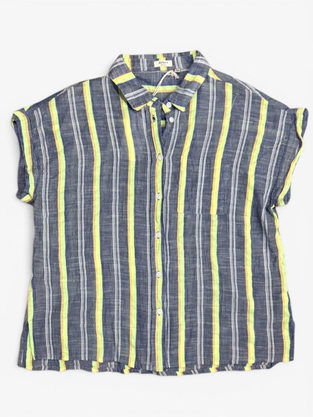 Dylan Striped Linen Blend Button Front Top Neon Yellow Blue Medium